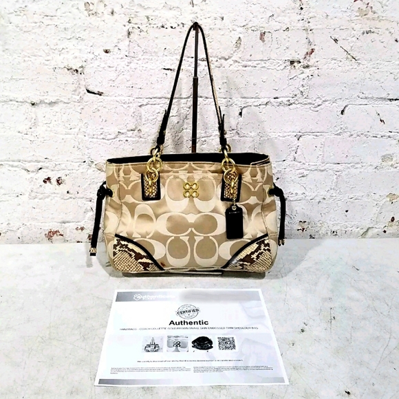 Coach Designer Collette Gold/Brown Embossed Snake Skin Trim Shoulder Bag Purse - Picture 2 of 11